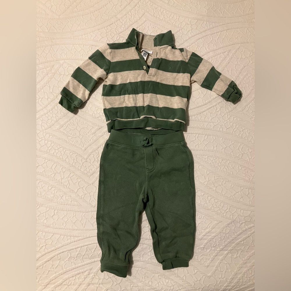 Ralph Lauren Green and Cream Striped Kids Jogger Set